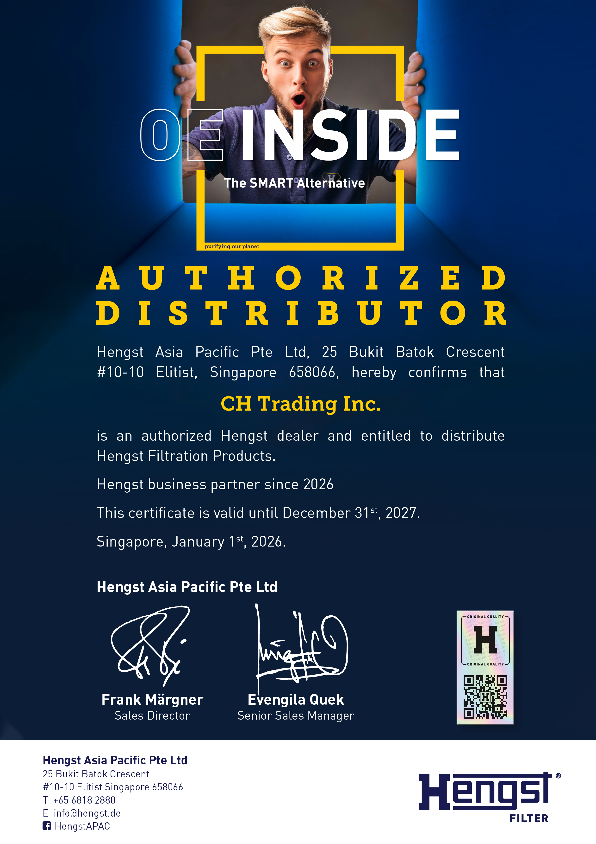 Hengst Authorized Distributor Certificate